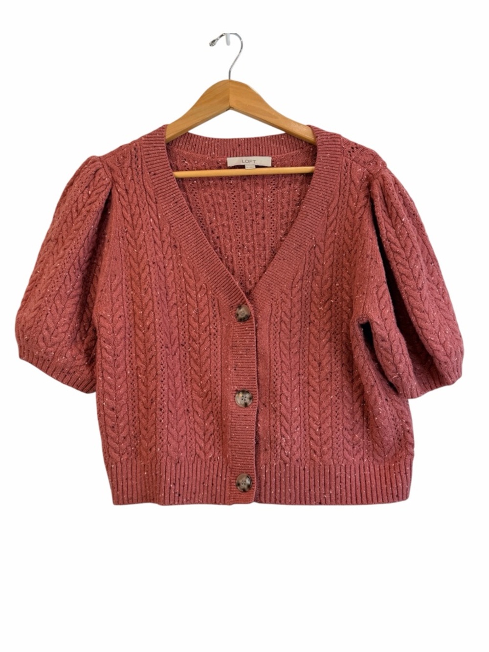 LOFT Puff Sleeve Cable‎ Knit Cardigan XL Rose Tweed Coquette Cozy